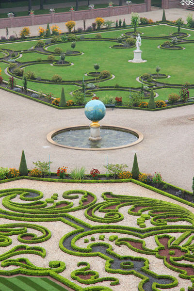 Fountain of Celestial Sphere, reflecting the world as it was known in Europe at the end of the 17th C in lower garden. Het Loo, Netherlands.