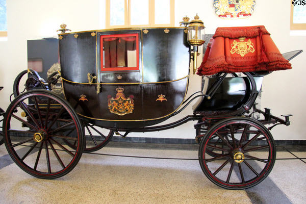 Berlin carriage dating from time of King Willem I, & one of six still in use by Royal Family for ceremonial occasions,. Het Loo, Netherlands.