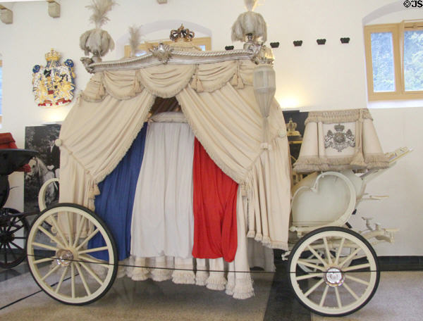 Ceremonial hearse in use since the first part of the 20thC & converted to white in 1934, rather than its original black, for funeral of Prince Hendrik, husband of Queen Wilhelmina, to reflect his belief that death is the beginning of eternal life. Het Loo, Netherlands.