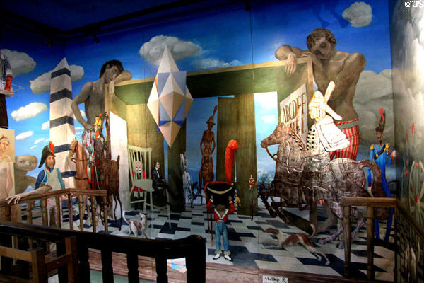 Murals showing enlarged tin figures at National Tin Figures Museum. Ommen, Netherlands.