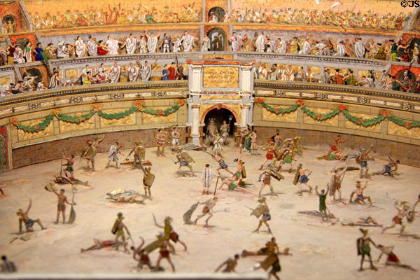 Tin figure diorama showing Roman amphitheatre where gladiators fought to the death at National Tin Figures Museum. Ommen, Netherlands.