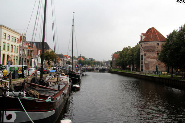 Historic Zwoll, capital of Overijssel & once part of the Hanseatic League, with pleasure boats on the Stadsgracht which surrounds the historic part of the city. Zwolle, Netherlands.