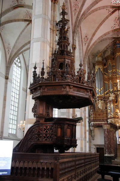 Ornately carved wood pulpit ( c1620) built by Straes van Weilborch, in St. Michael's Church (St. Michaelkerk) now called Academie huis Grote Kirk Zwolle at St. Michael's Church. Zwolle, Netherlands.