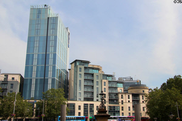 Modern glass fronted high rise building, Radisson Blu Hotel, viewed from Bristol center. Bristol, England.