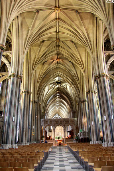 Vaulting over central aisle of Bristol Cathedral. Bristol, England.