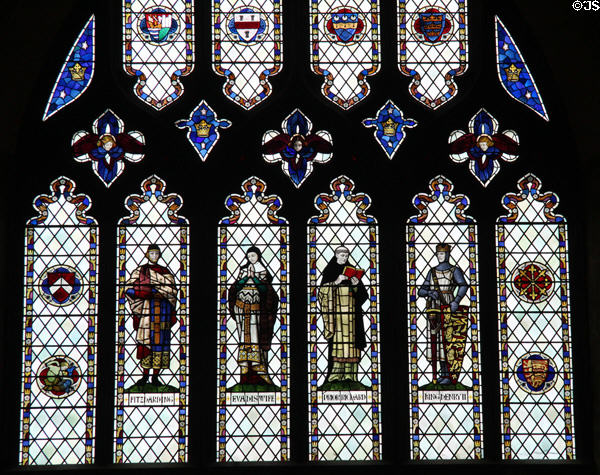 Stained glass depicting religious figures at Bristol Cathedral. Bristol, England.