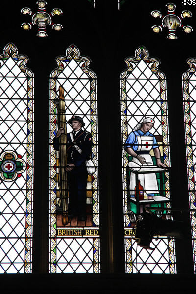 Modern stained glass panels depicting British Red Cross during WWII by Arthur Wathen Robinson. Bristol, England.