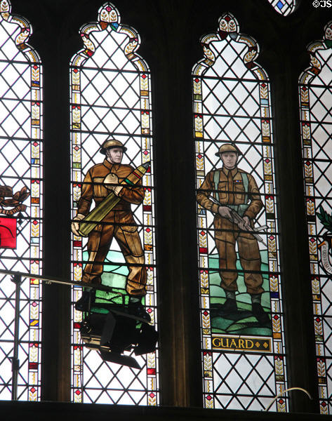 Detail of modern stained glass panels depicting Home Guard during WWII by Arthur Wathen Robinson. Bristol, England.