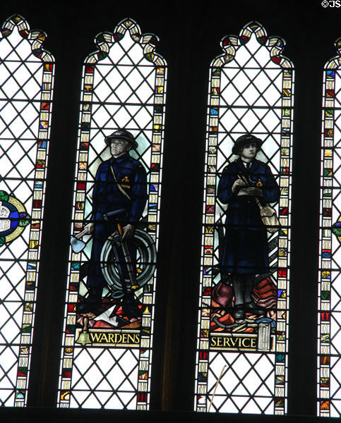 Modern stained glass panels depicting Wardens Service during WWII by Arthur Wathen Robinson. Bristol, England.