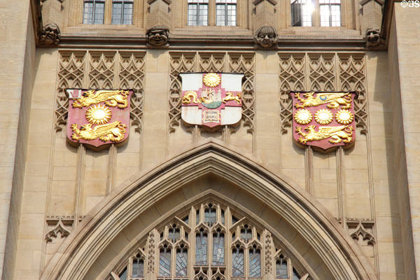 University Coats of Arms on Wills Memorial Tower. Bristol, England.