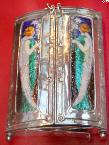 Silver Art Nouveau picture frame with miniature portrait concealed inside enameled doors by Omar Ramsden & Alwyn Carr at Bristol Museum & Art Gallery. Bristol, England.