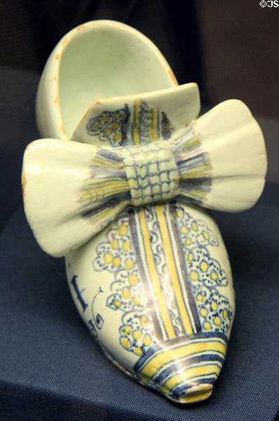 English delftware fancy shoe (1686) which were typically purchased to celebrate a happy life event, made in Brislington at Bristol Museum & Art Gallery. Bristol, England.