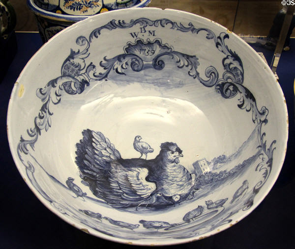 Ceramic bowl with hen & chick (1759), likely made in Bristol at Bristol Museum & Art Gallery. Bristol, England.