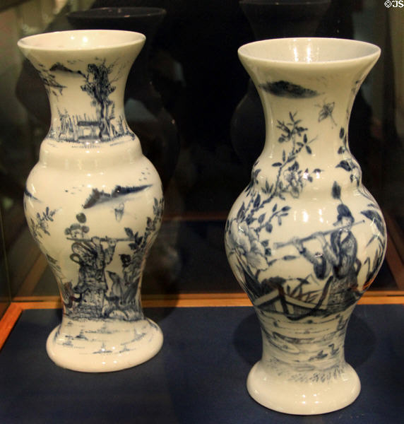 Soft-paste porcelain vases (c1749-52) likely made at Benjamin Lund's factory in Bristol, (later Royal Worcester) & one of the first successful attempts to use that medium. Bristol, England.