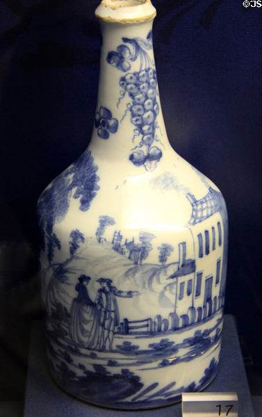 Ceramic water bottle (c1750-70) which would have been paired with a wash basin, made in Bristol at Bristol Museum & Art Gallery. Bristol, England.
