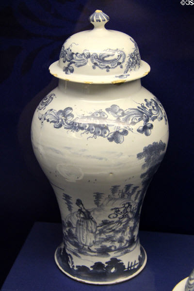 Covered ceramic vase (c1750-70) made in Bristol at Bristol Museum & Art Gallery. Bristol, England.