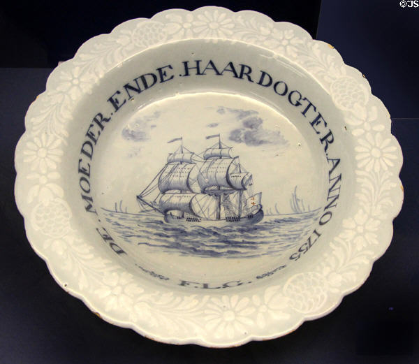Souvenir ceramic bowl (1775) with sailing ship & Dutch inscription "The Mother & Her Daughter" probably commissioned by ship captain on a trading visit to Bristol at Bristol Museum & Art Gallery. Bristol, England.