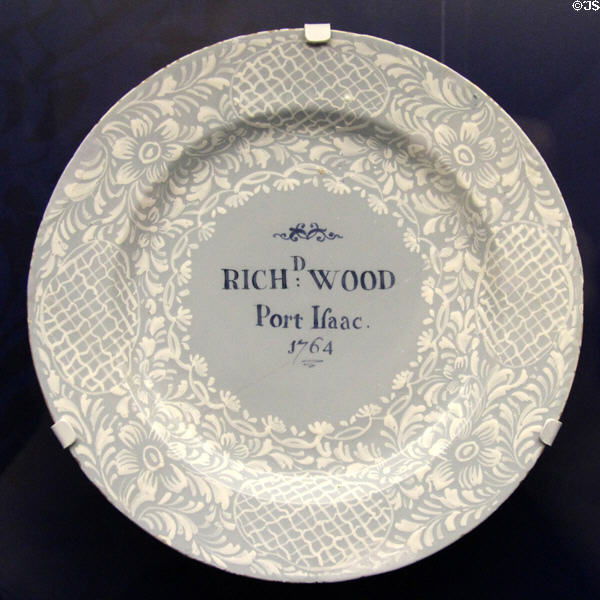 Ceramic dish (1763) inscribed with name of Richard Wood, from Port Isaac, a shop keeper involved with local coastal trade, made in Redcliffe Back Bristol, at Bristol Museum & Art Gallery. Bristol, England.