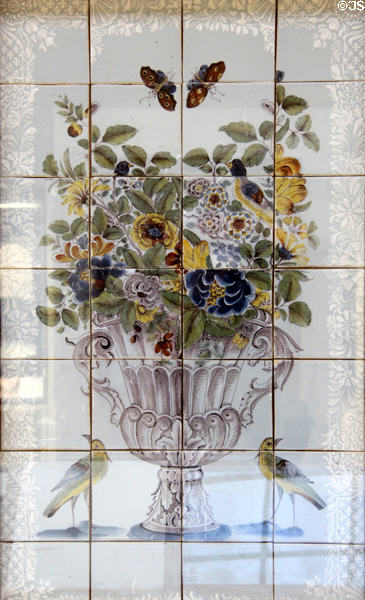 Tile plaque showing floral bouquet (c1765) made in Bristol at Bristol Museum & Art Gallery. Bristol, England.