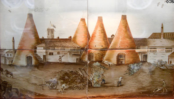 Tile picture (1820) painted by William Fifield of four kilns of Bristol Pottery factory at Bristol Museum & Art Gallery. Bristol, England.