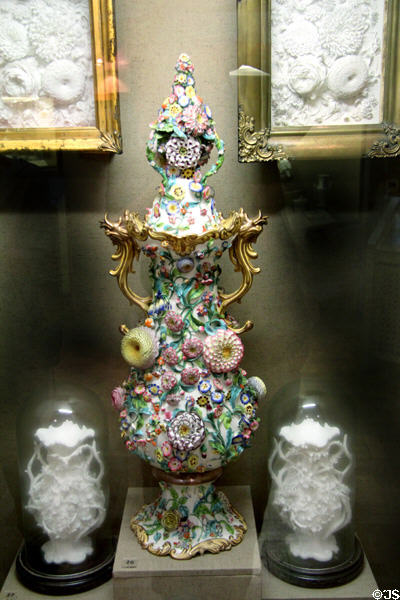 Large highly elaborate ceramic show piece (1845) made by Edward Raby, possibly enameled by William Fifield, at Bristol Pottery at Bristol Museum & Art Gallery. Bristol, England.