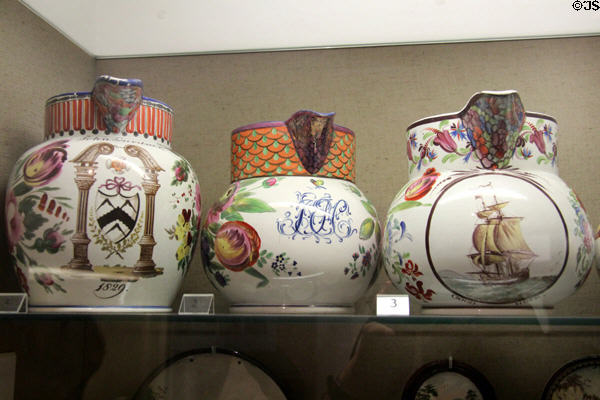 Ceramic painted jugs (dates ranging from 1829-37) made at Bristol Pottery at Bristol Museum & Art Gallery. Bristol, England.
