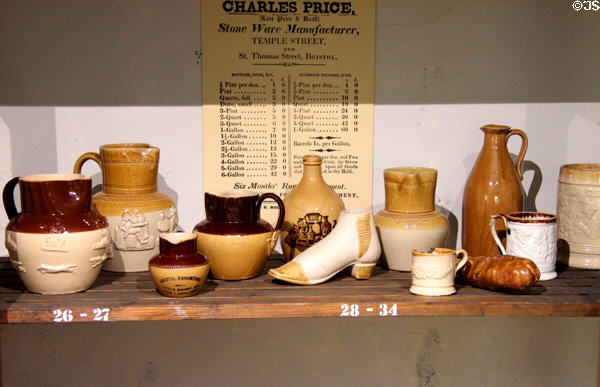 Display of practical & whimsical stoneware items (late 19th into 20thC) made in Bristol at Bristol Museum & Art Gallery. Bristol, England.