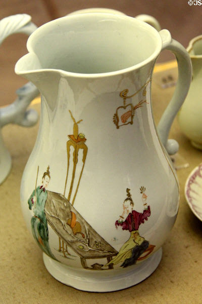 Large jug (c1755) over-glaze painted with rough copy of Chinese design, made at Worcester factory, at Bristol Museum & Art Gallery. Bristol, England.