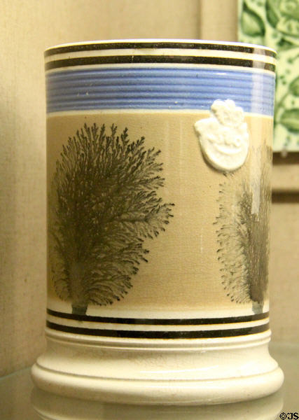 Mochaware (19thC) with characteristic tree-like markings at Bristol Museum & Art Gallery. Bristol, England.