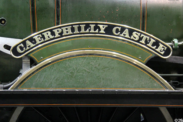 Name plate of Caerphilly Castle locomotive at STEAM Museum of Great Western Railway. Swindon, England.