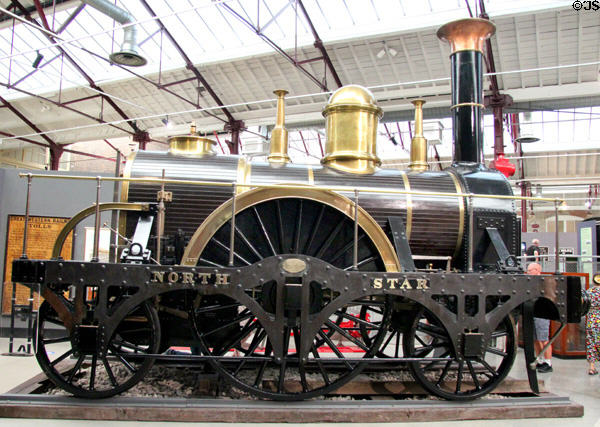 Replica of GWR North Star (1837), first passenger train run by GWR out of Paddington Station (4 June 1838), designed by Robert Stephenson at STEAM Museum of Great Western Railway. Swindon, England.