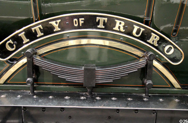 Name plate on GWR City of Truro locomotive at STEAM Museum of Great Western Railway. Swindon, England.