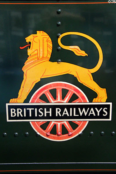 British Railways logo on King George V locomotive 6000 at STEAM Museum of Great Western Railway. Swindon, England.
