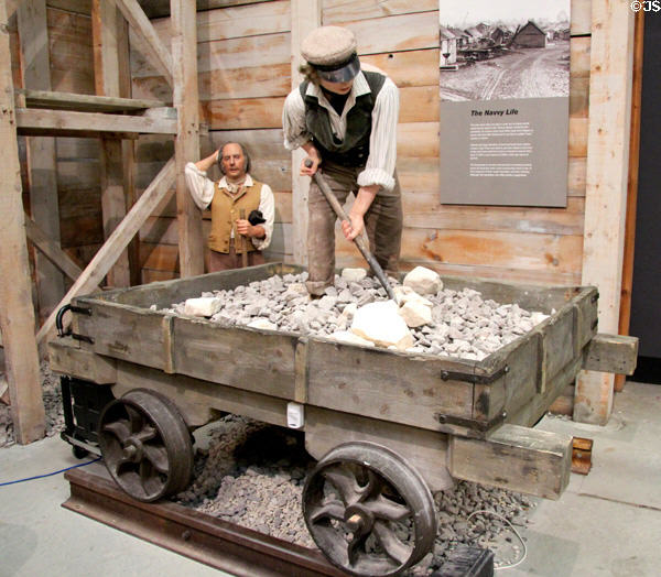 Model of Navies doing hard labor on the railway for little take home pay & housed in shanty towns along the route at STEAM Museum of Great Western Railway. Swindon, England.