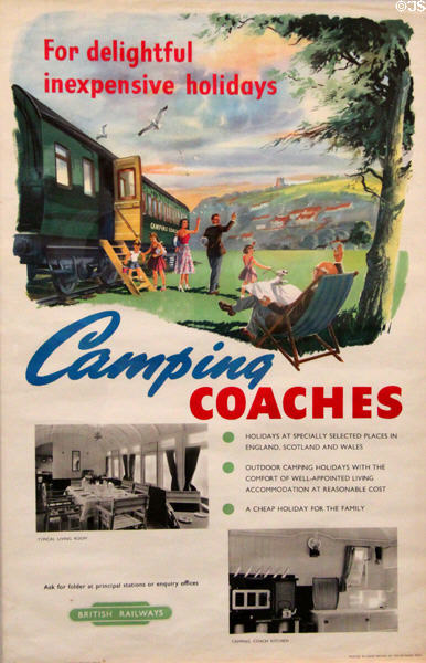 British Railways poster advertising inexpensive holidays in retired passenger train coaches refurbished into "camping coaches" (mid 20thC) at STEAM Museum of Great Western Railway. Swindon, England.