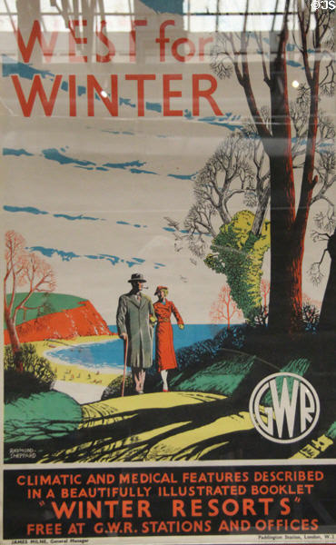 GWR "West for Winter" poster (1930s) promoting an illustrated booklet about "Winter Resorts" that could be reached by train at STEAM Museum of Great Western Railway. Swindon, England.