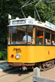 Tram 520 with pantograph to bring power from overhead wires to the vehicle at Arnhem Openlucht Museum. Arnhem, Netherlands.