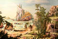 Tin figure diorama showing Robinson Crusoe & companion Friday, characters from famous novel written by Daniel Defoe, who were stranded on a deserted island for many years at National Tin Figures Museum. Ommen, Netherlands.