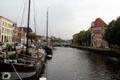 Historic Zwoll, capital of Overijssel & once part of the Hanseatic League, with pleasure boats on the Stadsgracht which surrounds the historic part of the city. Zwolle, Netherlands.