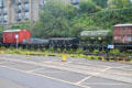 Assorted antique train cars resting on side track near Floating Harbour. Bristol, England.