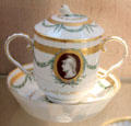 Porcelain caudle cup, cover & saucer made in Bristol Porcelain factory & possibly listed in factory catalogue, at Bristol Museum & Art Gallery. Bristol, England